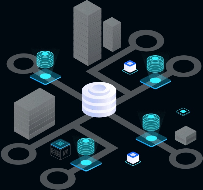 A white structure in the center connects out with various elements of what looks like a circuit board